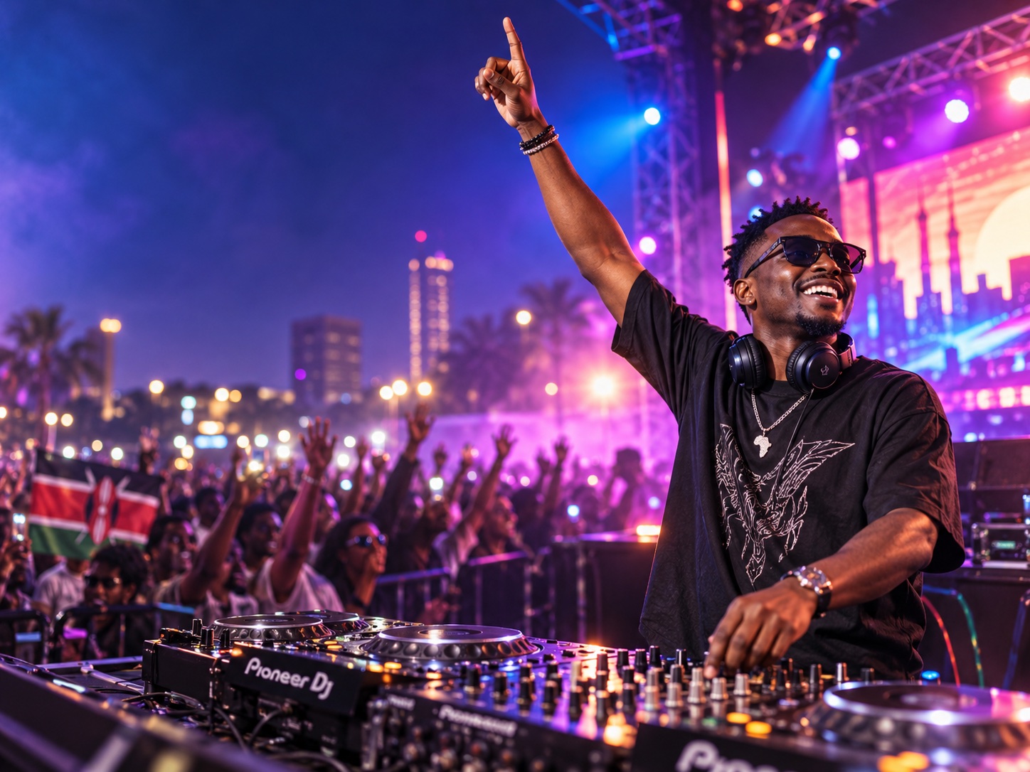 A DJ commanding the crowd at a festival stage under the Nairobi skyline